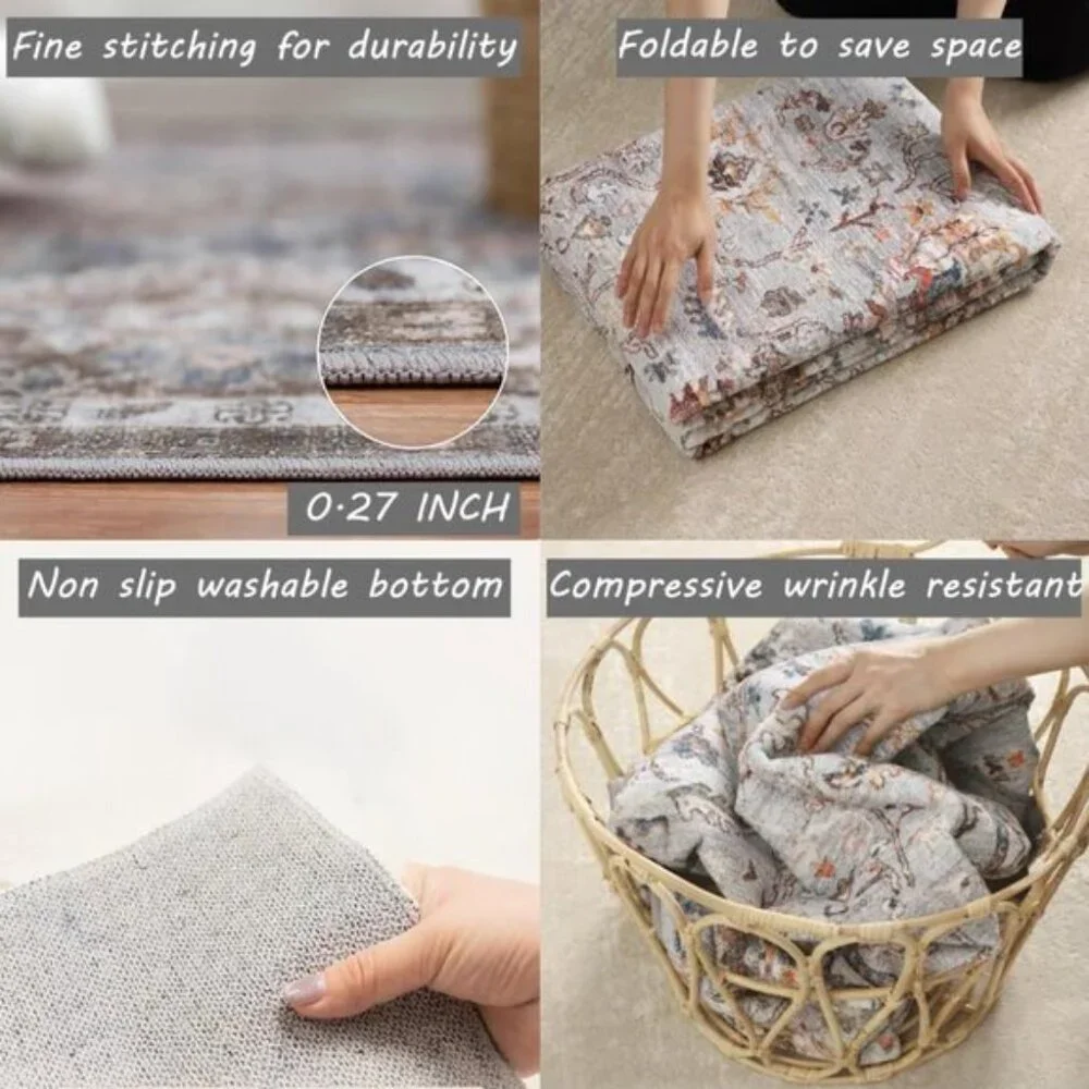 New 6x9 Gray Vintage Washable Rug Non-Slip Floral Carpet for Living Room